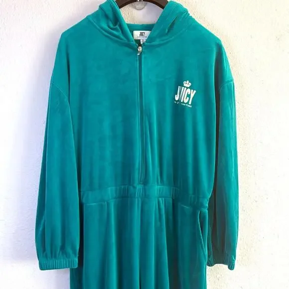 Juicy Couture Women Teal Velour Velvet Jumpsuit with Hoodie Size XL - Picture 4 of 12